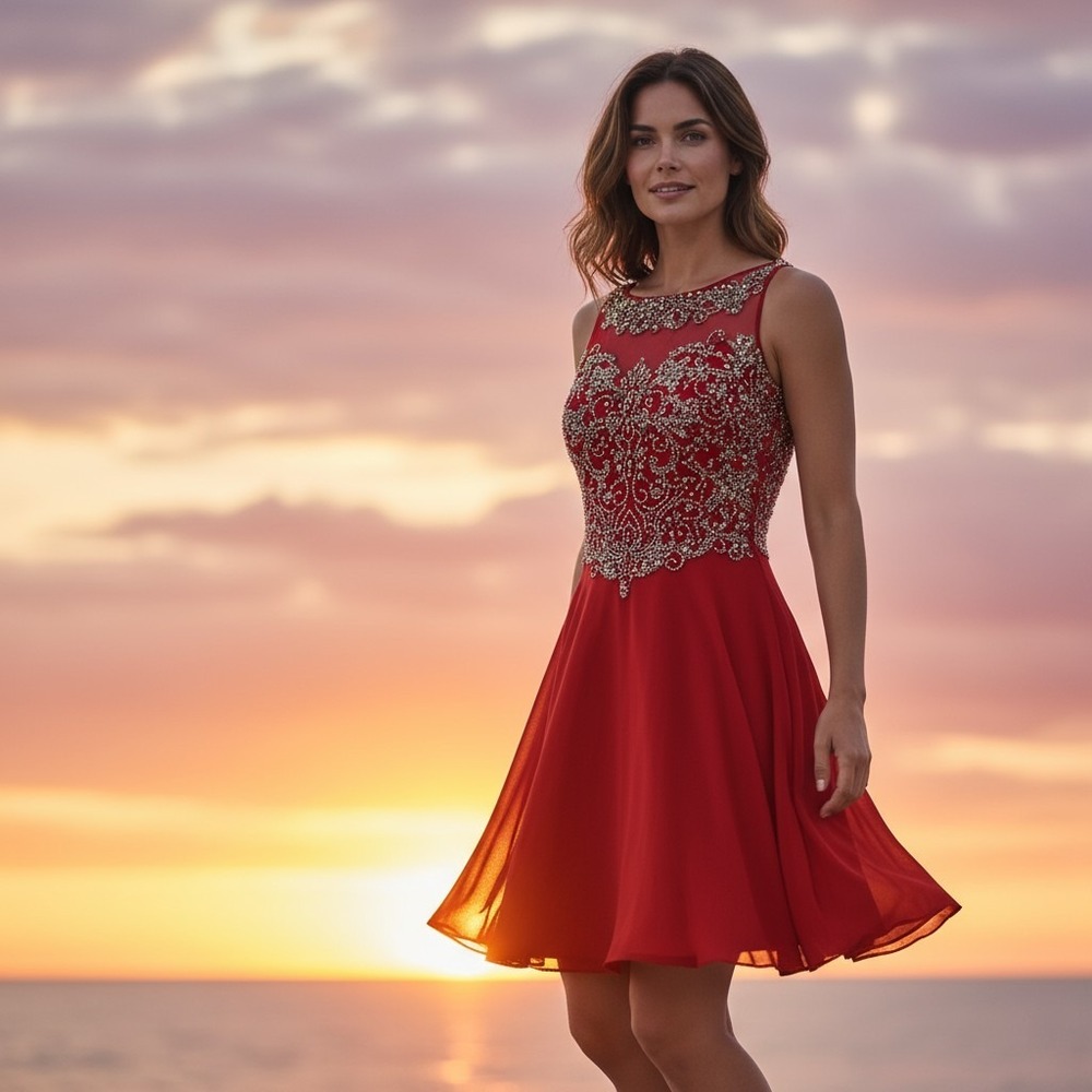 JVN by Jovani Red Beaded Illusion Open Back Short Homecoming Dress Size 6